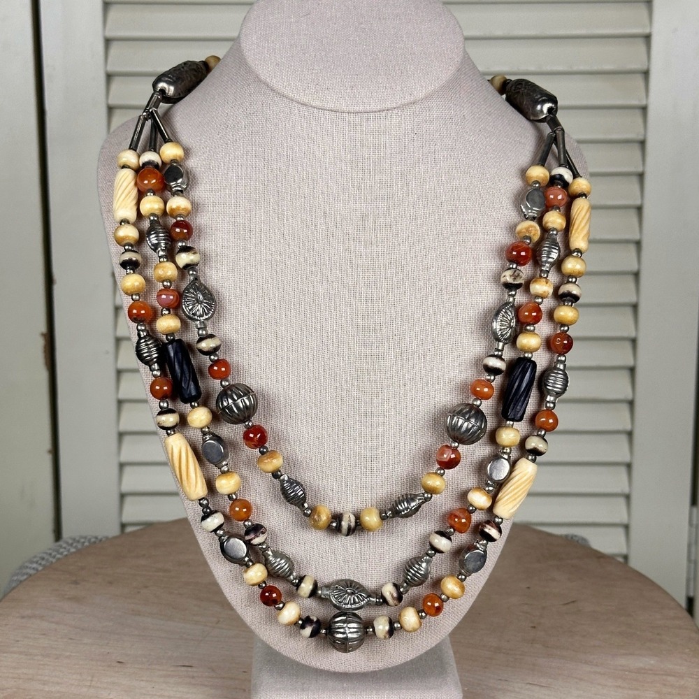 Vintage 70s Earthy Multi Strand Necklace Carnelian Agate Bone Silver Metal Beads